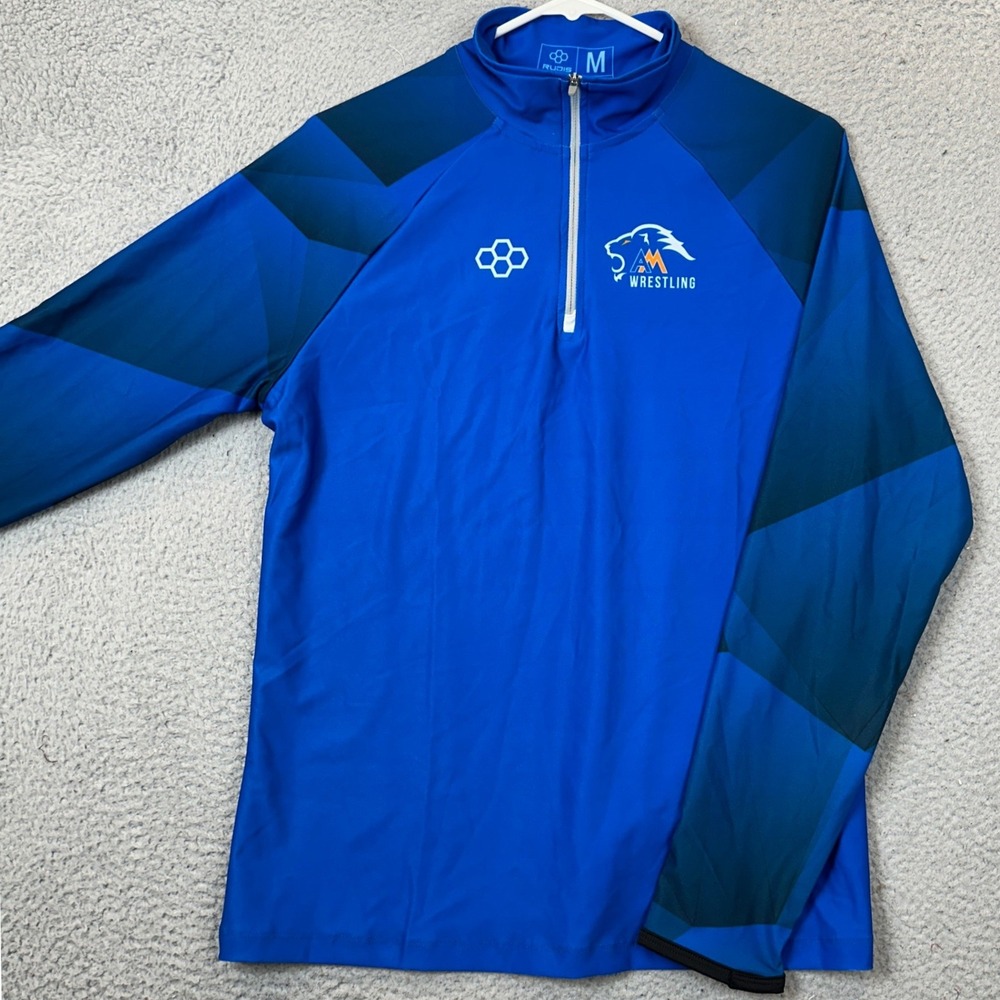 Rudis Shirt Mens Medium Blue AM Wrestling Quarter Zip Performance Pullover Logo